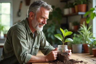 Homme d'âge moyen tenant un jeune noyer en intérieur