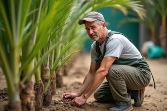 Jardinier inspectant des jeunes palmiers en difficulté