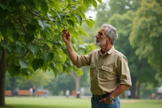 Homme paysagiste examinant un arbre de mûrier mature