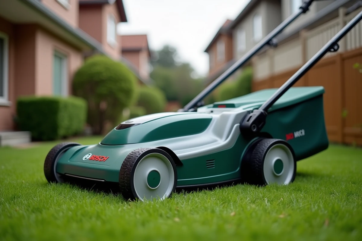 La tondeuse Bosch AdvancedRotak 36-750 silencieuse sur une pelouse compacte en lotissement avec des maisons mitoyennes visibles en arrière-plan flou