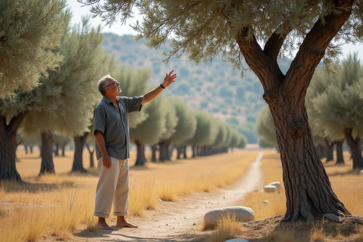 Homme en contemplation spirituelle appuyé contre un olivier ancien dans une oliveraie méditerranéenne, symbole de reconnexion intérieure