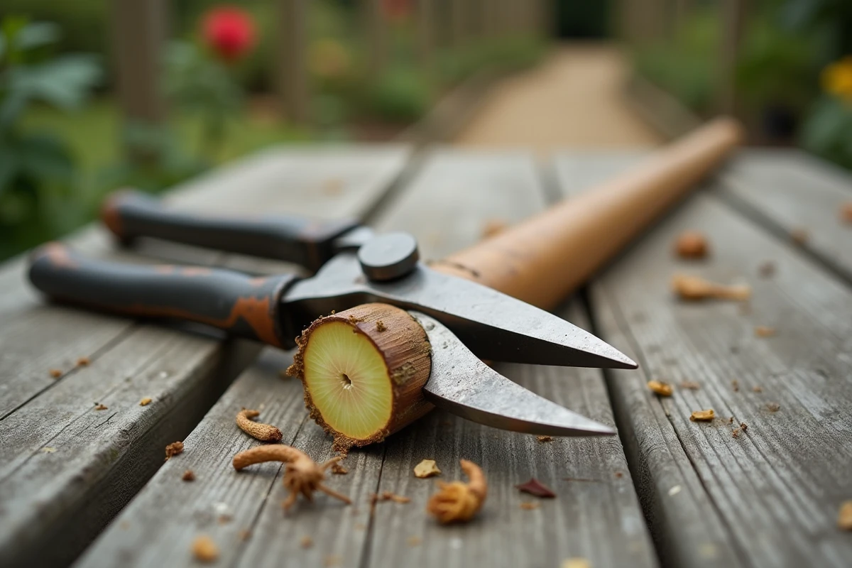 Gros plan sur un sécateur posé sur une tige de rosier fraîchement taillée en biseau au-dessus d'un bourgeon rouge au printemps