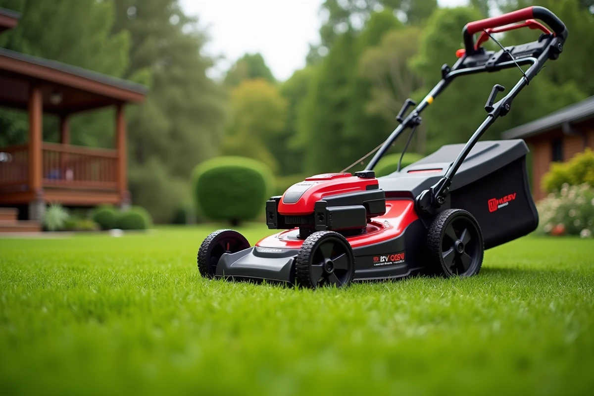 La tondeuse EGO Power+ LM2135SP à batterie 56V posée sur une grande pelouse soigneusement tondue avec des arbres en arrière-plan
