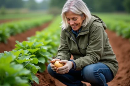 Femme inspectant des pommes de terre bio dans un champ