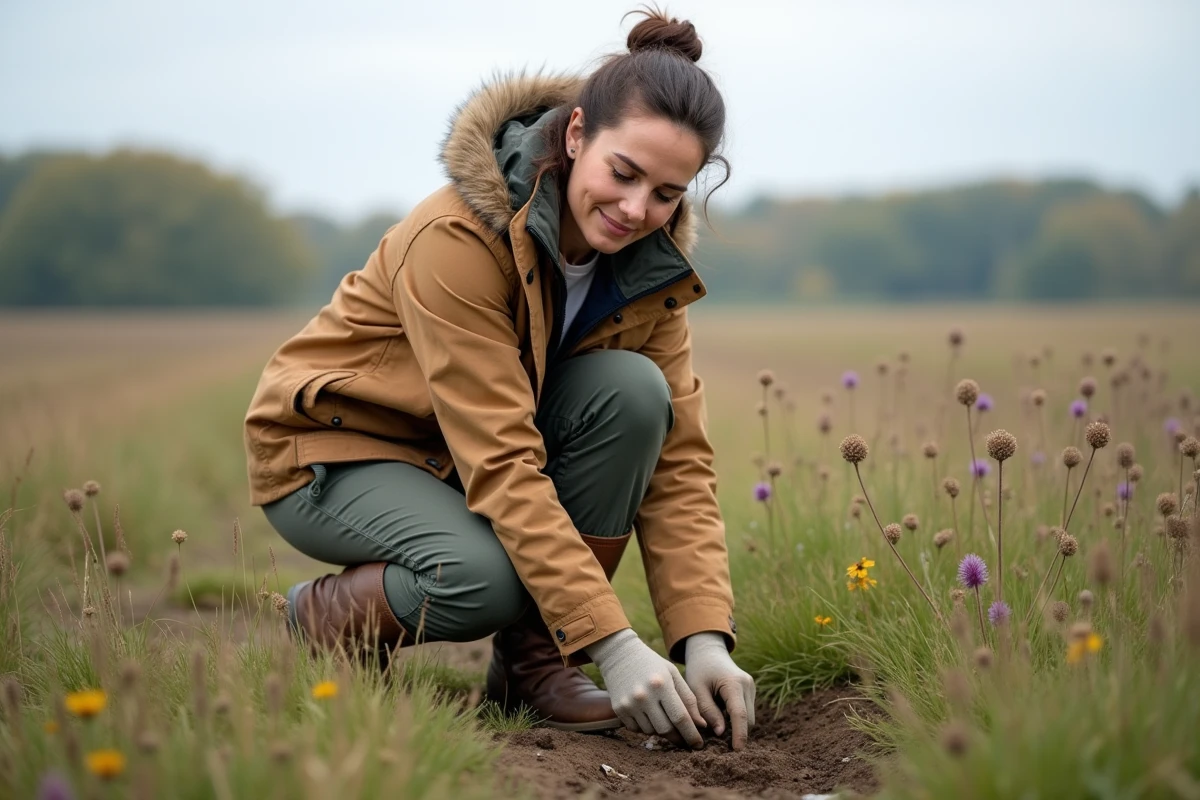 Femme installant un répulsif à vibrations contre les taupes dans une prairie naturelle en respectant la biodiversité