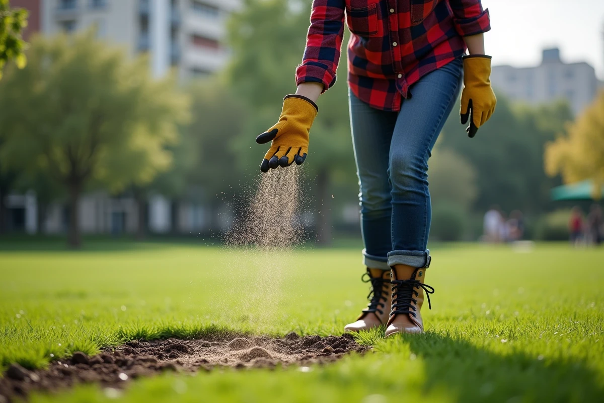 Jeune femme en flanelle semant du gazon dans un parc urbain