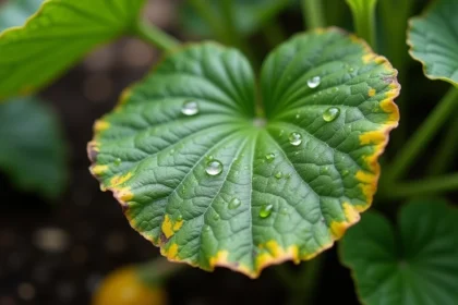 Feuille de courgette malade avec taches et gouttelettes d'eau après arrosage dans un potager