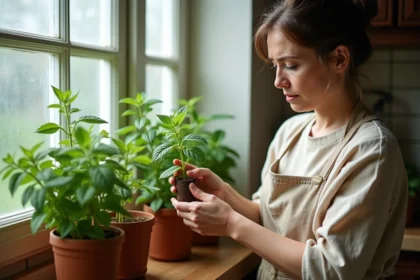 Femme examinant des feuilles de menthe qui noircissent dans des pots en terre cuite sur un rebord de fenêtre de cuisine rustique