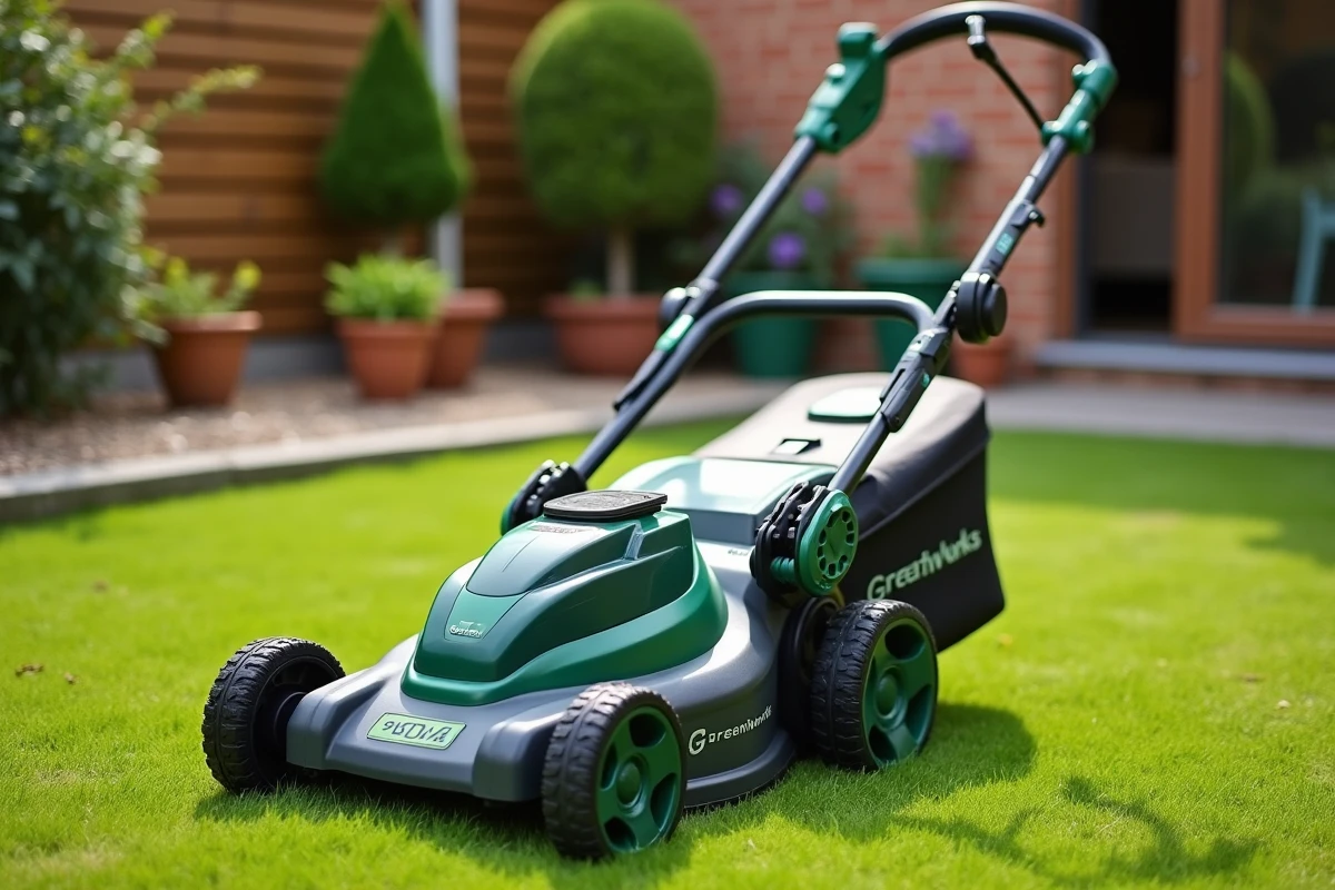 La tondeuse autotractée Greenworks GD40LM46SPK4x à batterie 40V sur une pelouse résidentielle avec un chemin en gravier et des plantes en pot