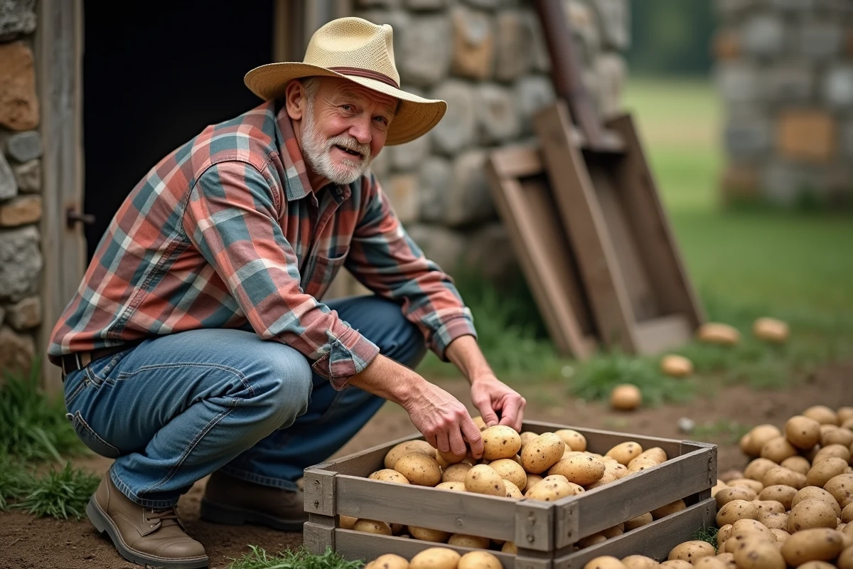 Agriculteur âgé plaçant des pommes de terre dans une caisse en bois