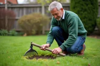 Homme en jeans et pull vert tond la mousse dans son jardin