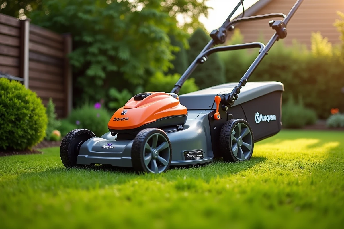 La tondeuse autotractée Husqvarna LC 347iVX orange et grise en action sur une pelouse en pente dans un jardin paysagé