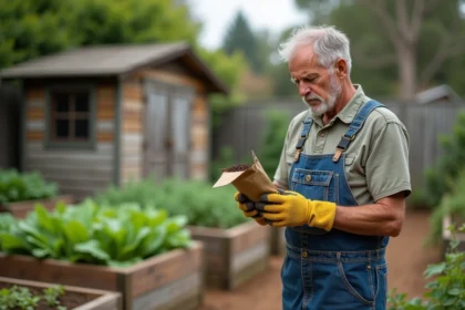 Jardinier lisant l'étiquette d'un engrais organique dans son potager, illustrant la vigilance face aux produits interdits comme le tourteau de ricin