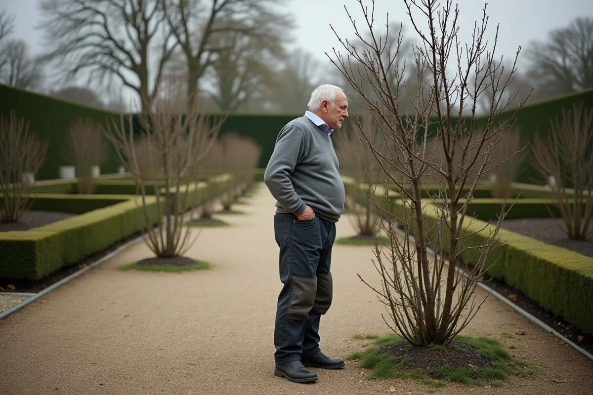 Jardinier senior évaluant un rosier buisson taillé en forme de vase ouvert dans un jardin à la française au printemps
