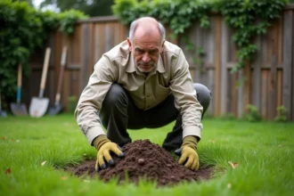 Jardinier examinant une taupinière dans un jardin verdoyant pour identifier une infestation de taupes