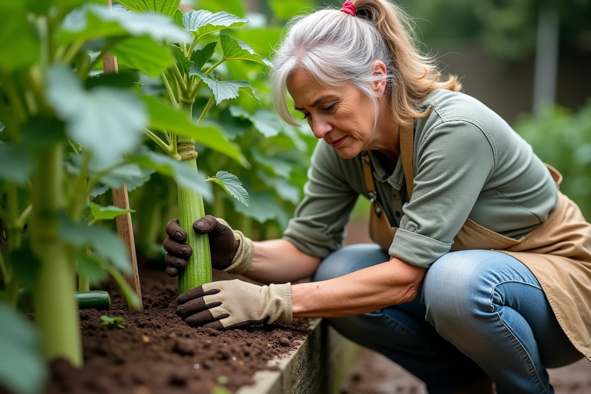 Jardinière inspectant une courgette atteinte de pourriture à la base de la tige après la pluie