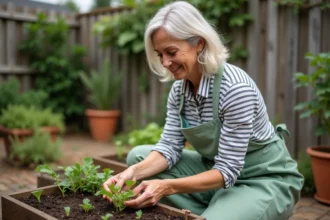 Femme jardinière débutante examinant des plants dans un potager surélevé en bois