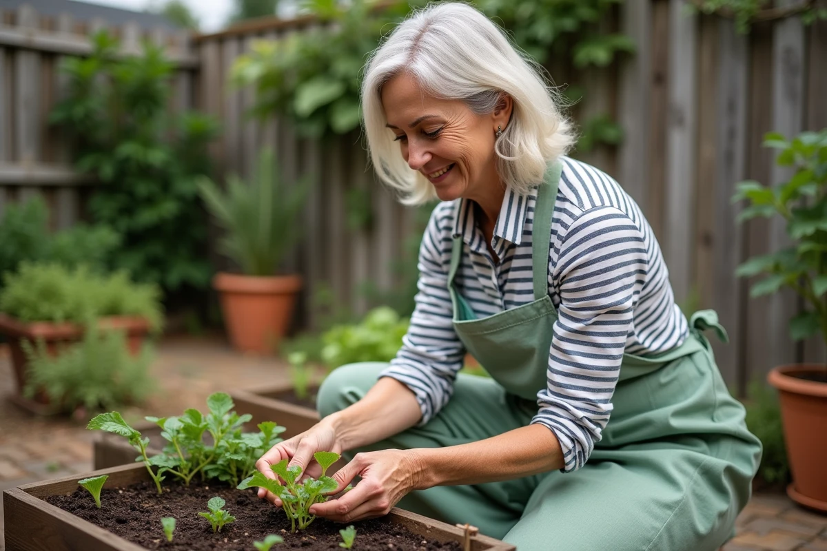 Femme jardinière débutante examinant des plants dans un potager surélevé en bois