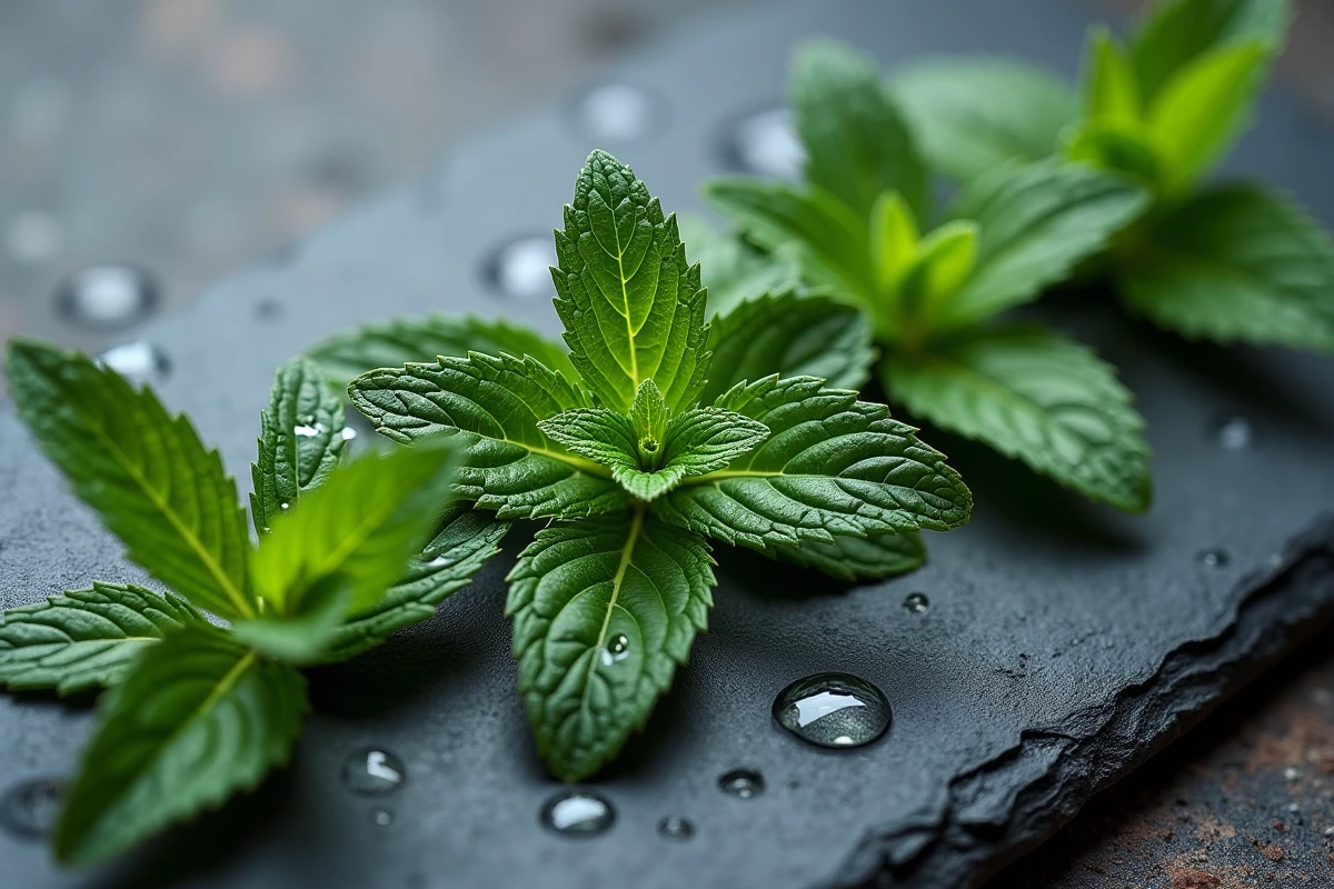 Vue macro de feuilles de menthe saines et noircies posées sur une ardoise humide montrant les différents stades de détérioration