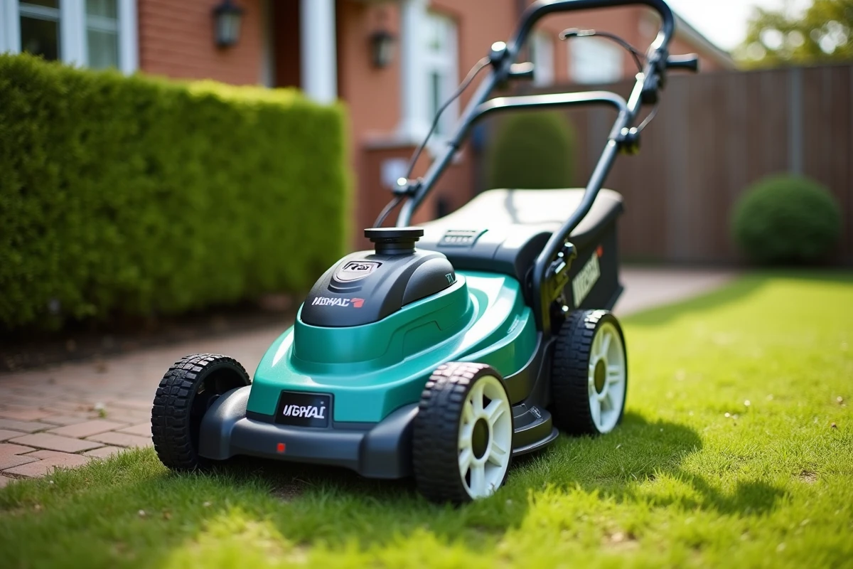 La tondeuse Makita DLM532 à batterie 36V avec son boîtier vert et noir posée sur une pelouse entretenue à côté d'un chemin en brique