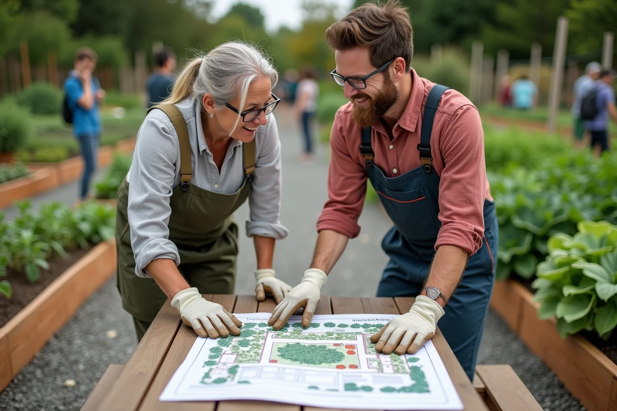 Deux jardiniers membres discutant d'un plan de jardinage communautaire autour d'une table