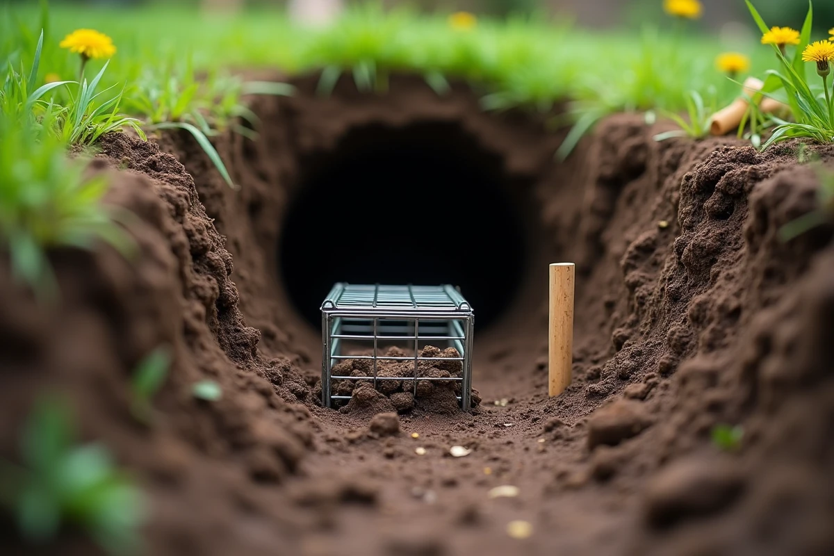 Piège cage humain placé dans un tunnel de taupe dans un jardin résidentiel pour capture sans cruauté