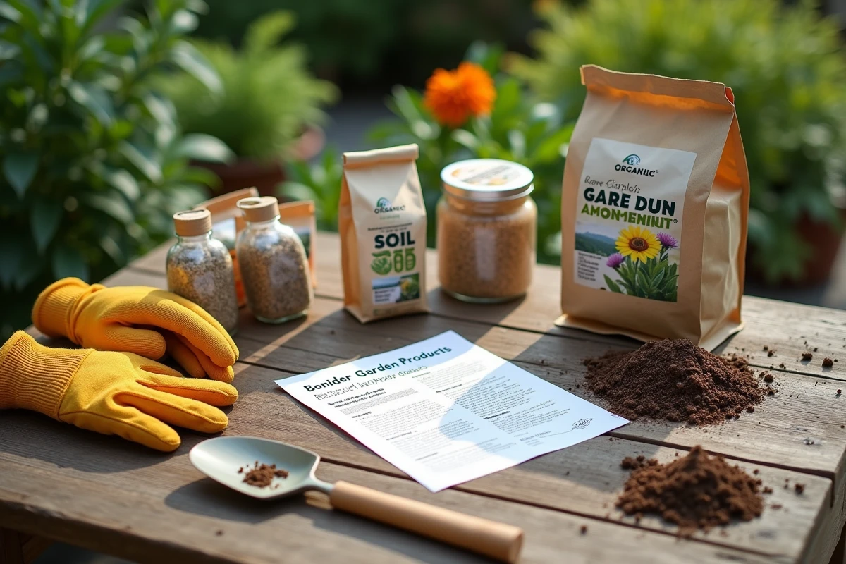 Vue en plongée de produits d'amendement de sol, gants et documentation sur les engrais interdits au jardin, dont le tourteau de ricin
