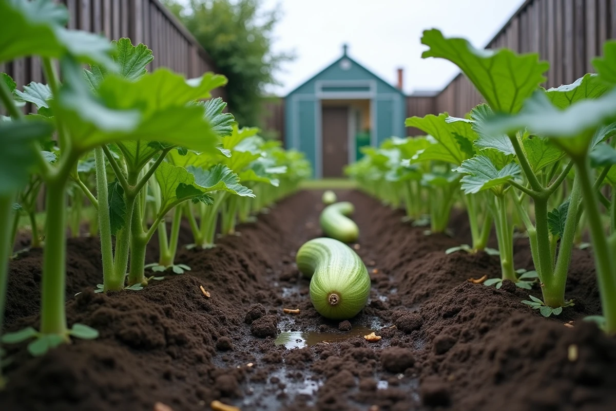 Rangée de courgettes malades dans un potager avec sol détrempé après fortes pluies