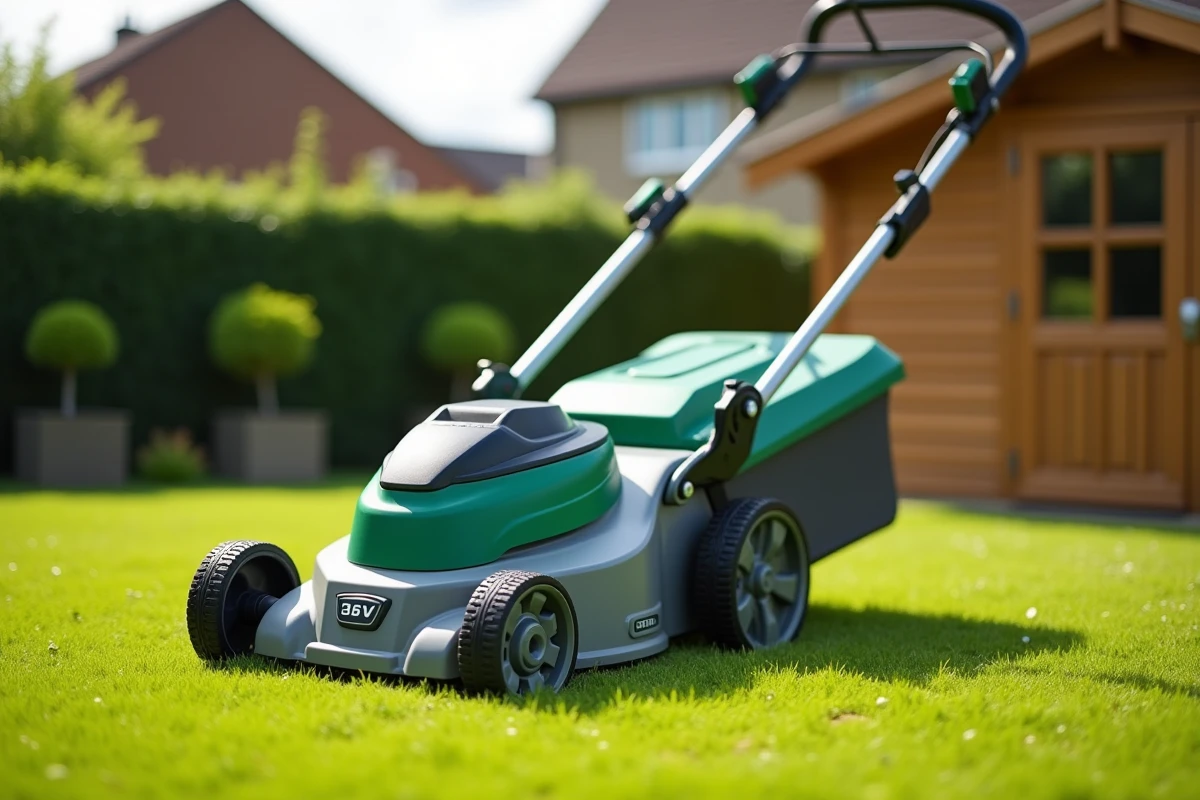 La tondeuse Ryobi RLM36X46S5 à batterie 36V sur une pelouse résidentielle avec un abri de jardin en bois en arrière-plan flou