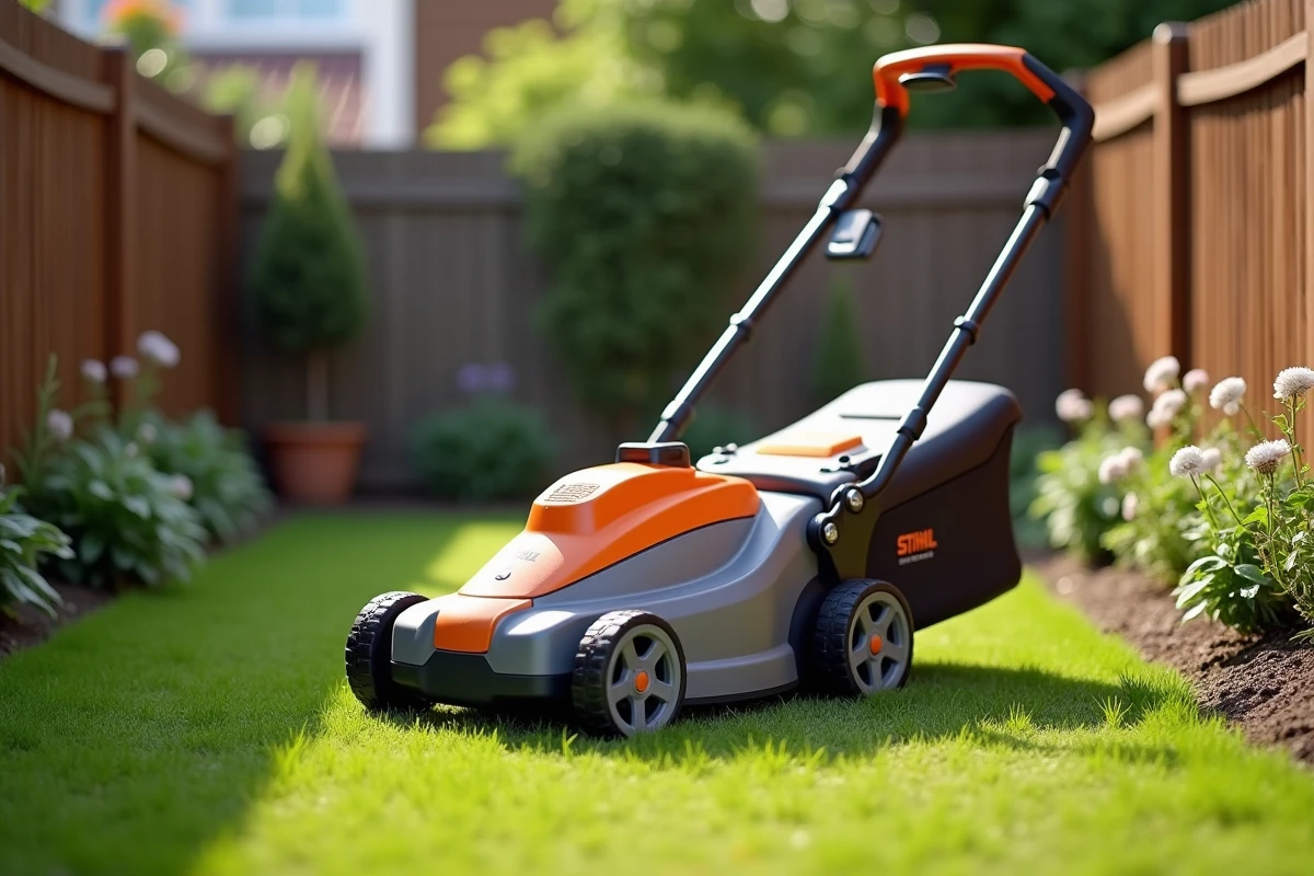 La tondeuse compacte Stihl RMA 339 C orange et grise sur un petit jardin résidentiel avec une bordure fleurie et une clôture en bois