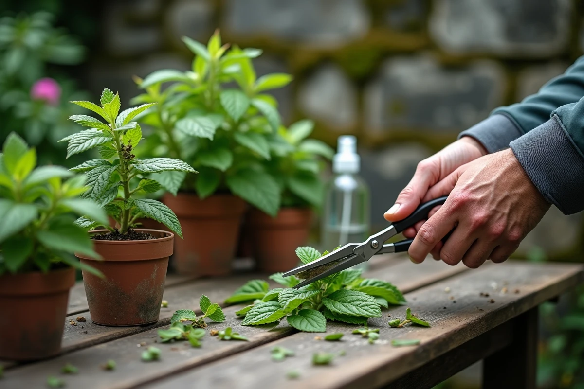 Mains masculines taillant des tiges de menthe noircies avec des ciseaux de jardinage sur une table en bois dans un jardin
