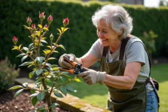 Femme jardinière en tablier taillant un rosier au printemps avec un sécateur professionnel, gros plan sur le geste de coupe au-dessus d'un bourgeon
