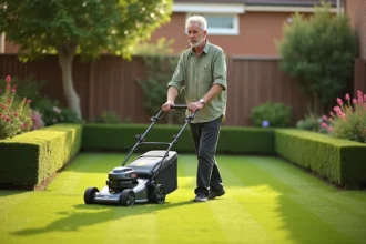 Un homme d'une cinquantaine d'années tond sa pelouse avec une tondeuse sans fil dans un jardin suburban verdoyant le week-end