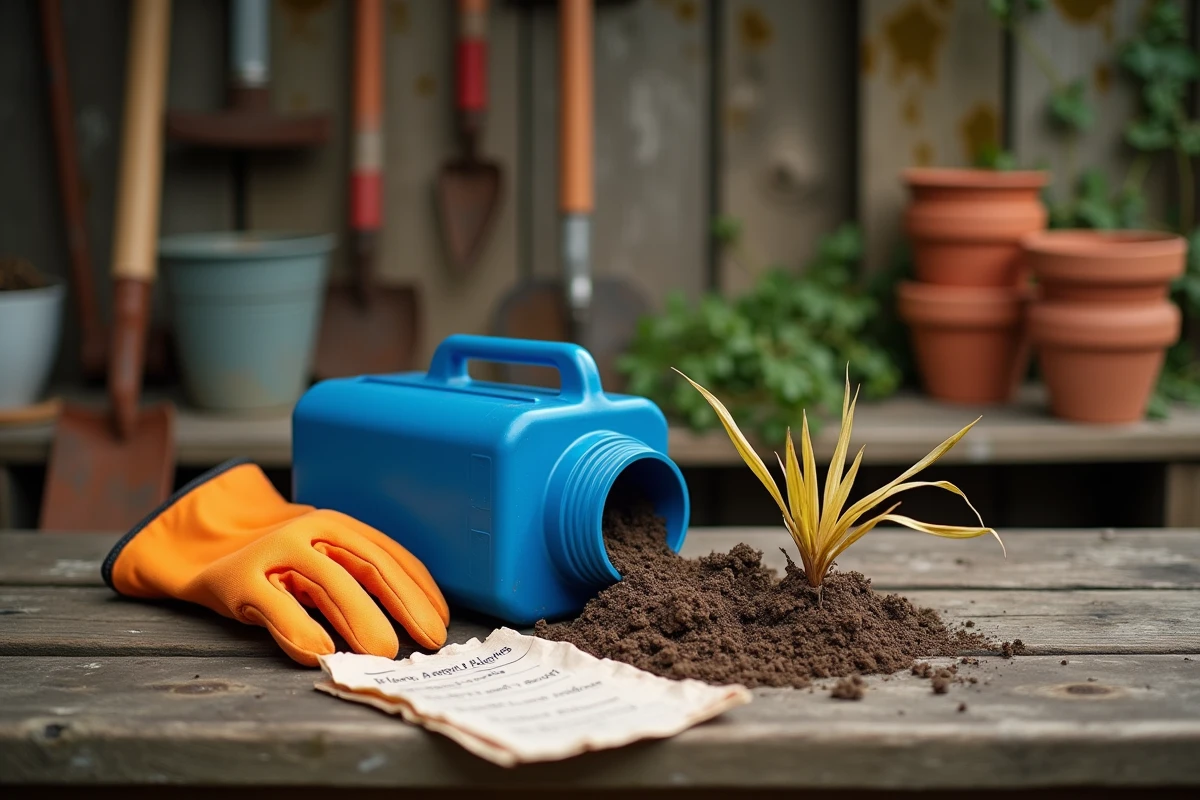 Gros plan d'un bidon d'AdBlue, de gants de jardinage et d'une mauvaise herbe arrachée sur une table de jardin, symbolisant les risques du désherbage amateur