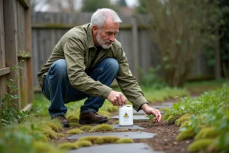 Homme examinant des mauvaises herbes dans un jardin avec une bouteille d'AdBlue à la main, illustrant les risques d'utilisation pour le désherbage