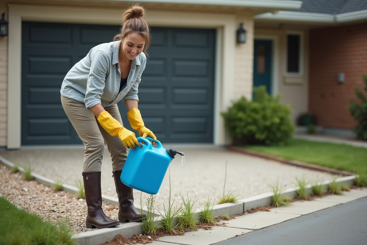 Femme versant de l'AdBlue sur des mauvaises herbes en bordure d'allée de gravier, questionnant l'efficacité et les dangers environnementaux