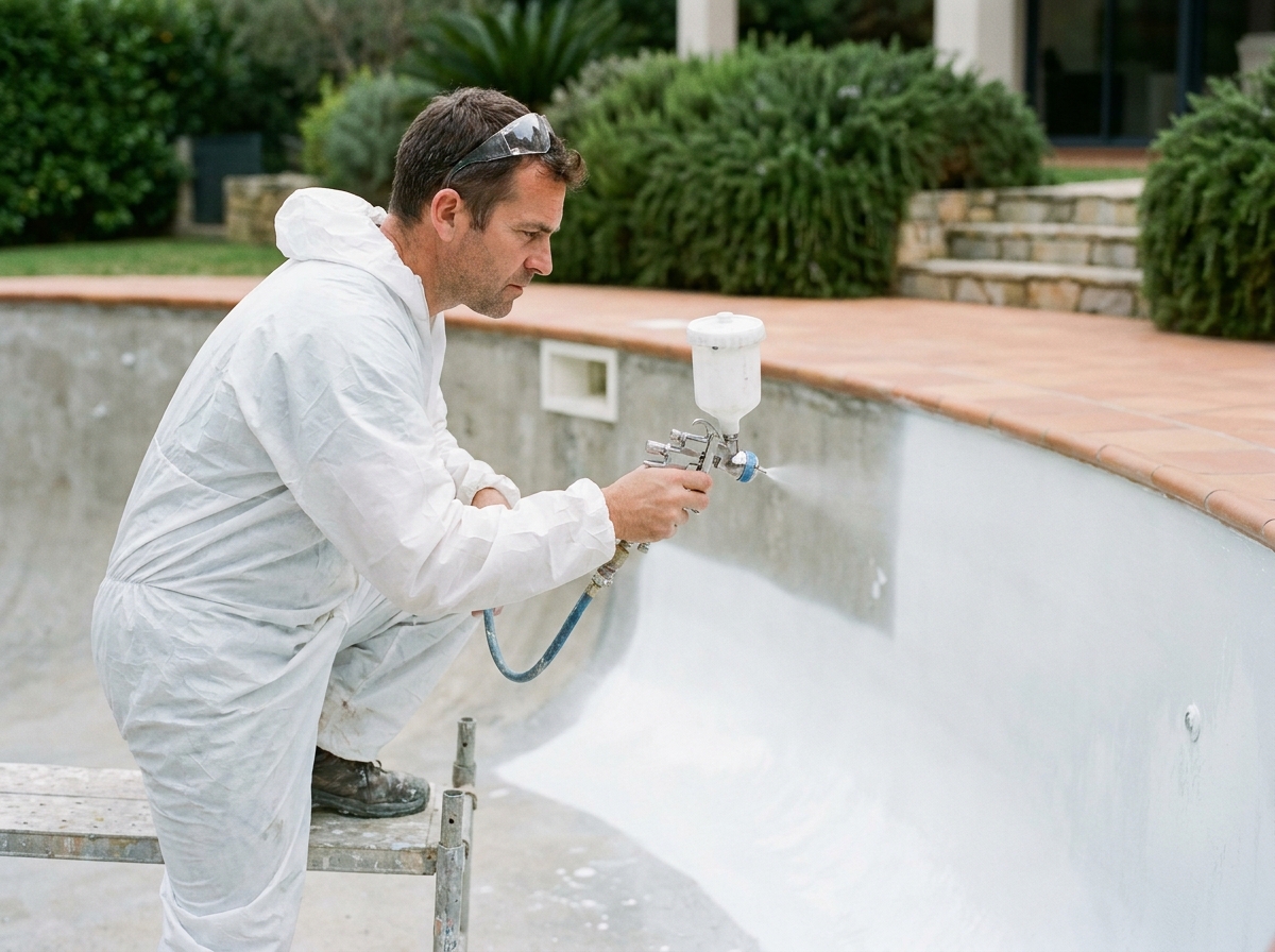 Technicien appliquant du gel-coat sur la paroi intérieure d'une piscine résidentielle vide en extérieur