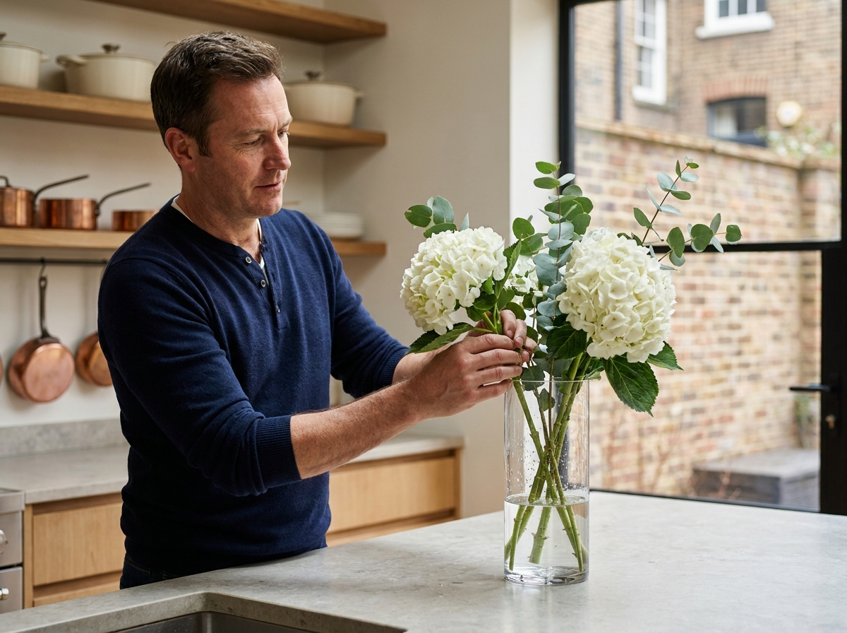 Homme arrangeant un bouquet de fleurs livrées dans un vase en verre sur un plan de travail de cuisine moderne