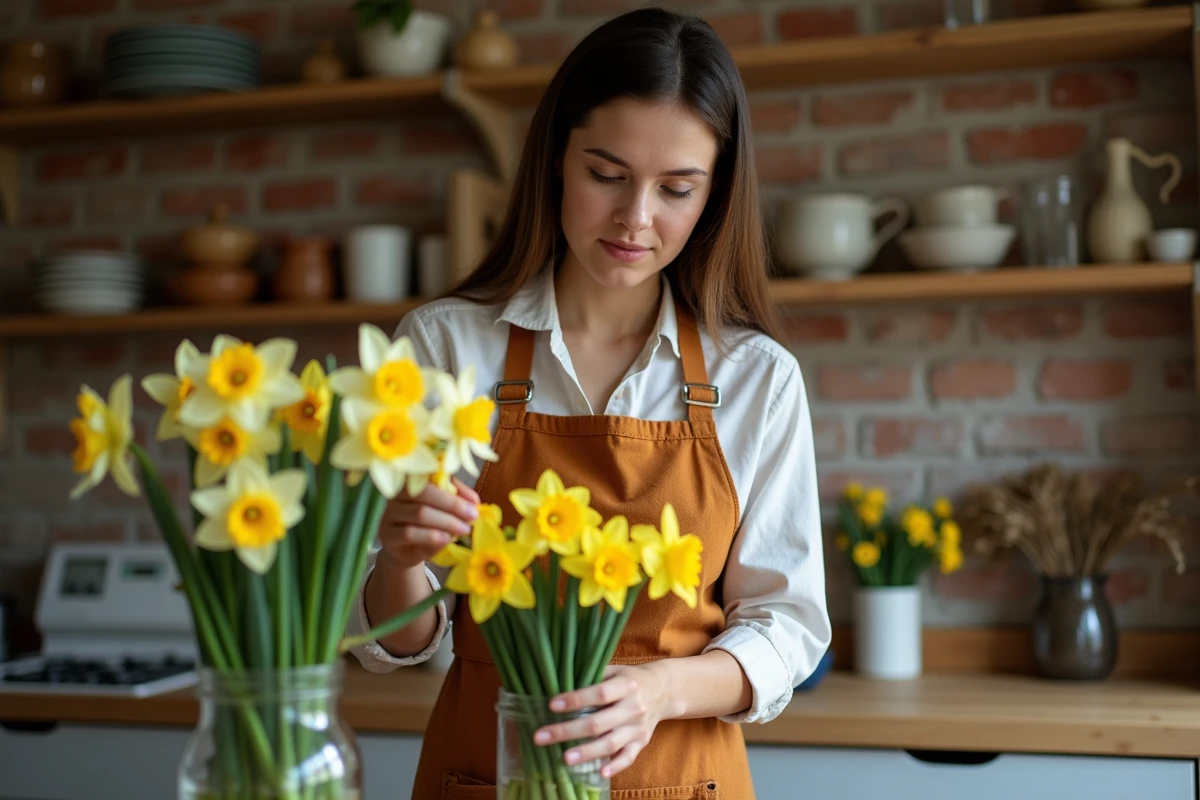 Femme arrangeant un bouquet de jonquilles et narcisses dans un vase en verre dans une cuisine rustique, en triant les variétés pour mieux les identifier
