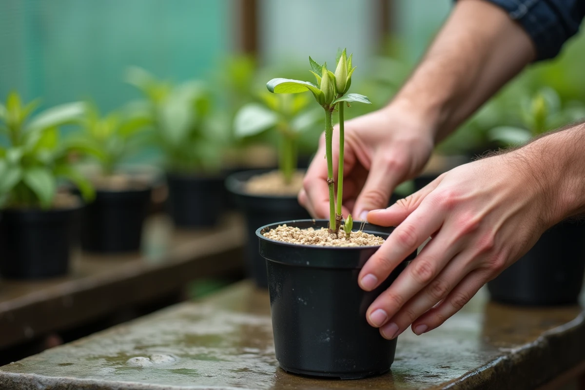Gros plan de mains masculines insérant des boutures de seringat dans un pot de bouturage rempli de substrat drainant