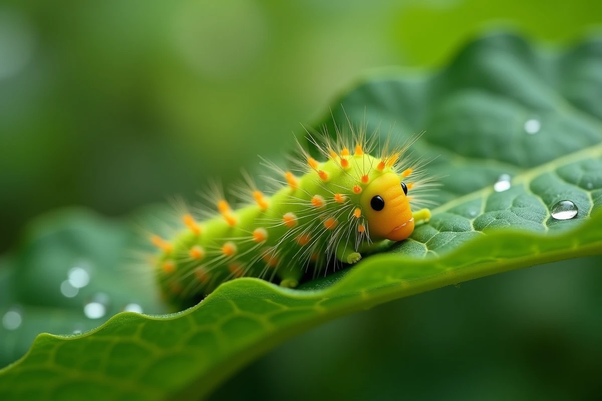 Chenille jaune et verte en gros plan sur une feuille de jardin avec détails de texture naturels