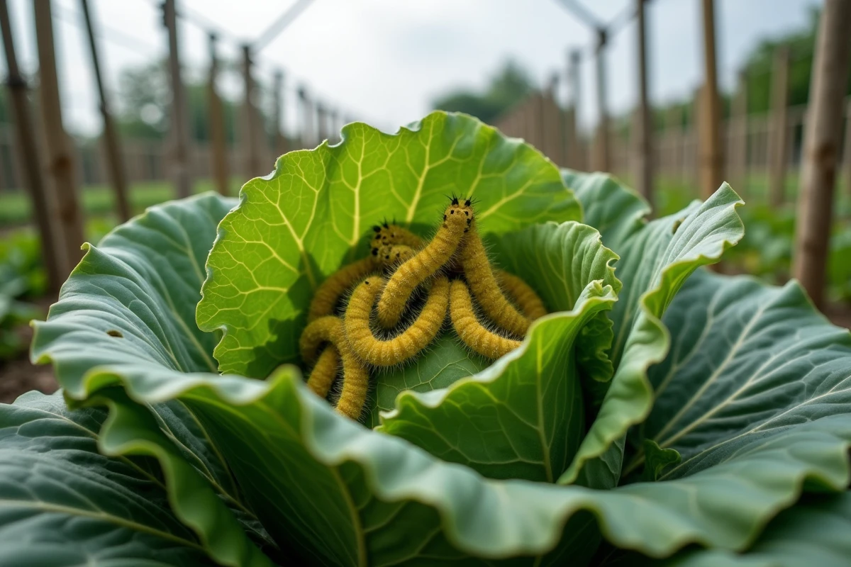 Groupe de chenilles jaunes sur le dessous d'une feuille de chou endommagée au potager