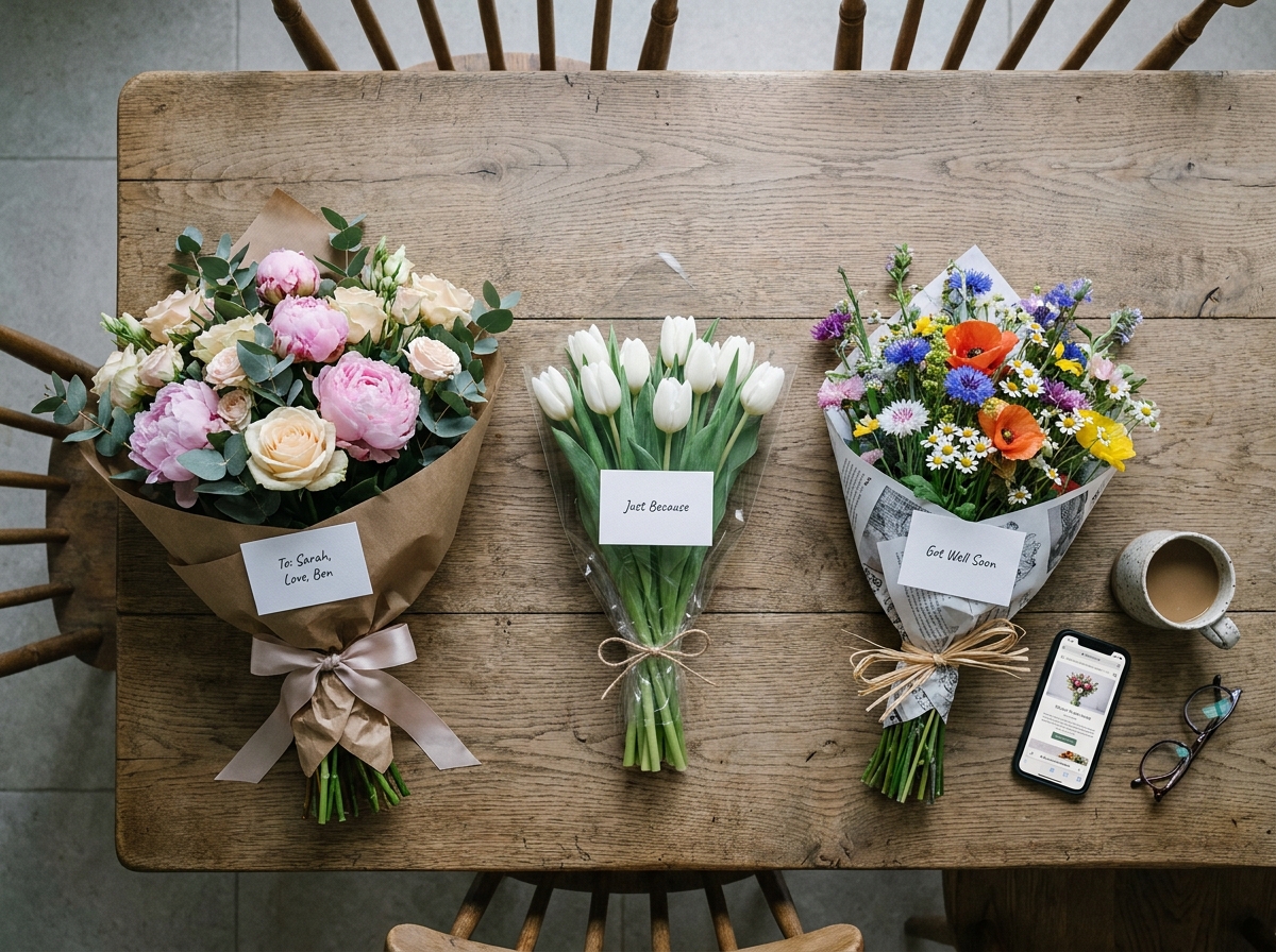 Comparaison de trois bouquets de fleurs livrés posés sur une table en bois avec un smartphone affichant un site de livraison