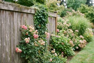 Clôture en bois naturel recouverte de plantes grimpantes dans un jardin verdoyant en été
