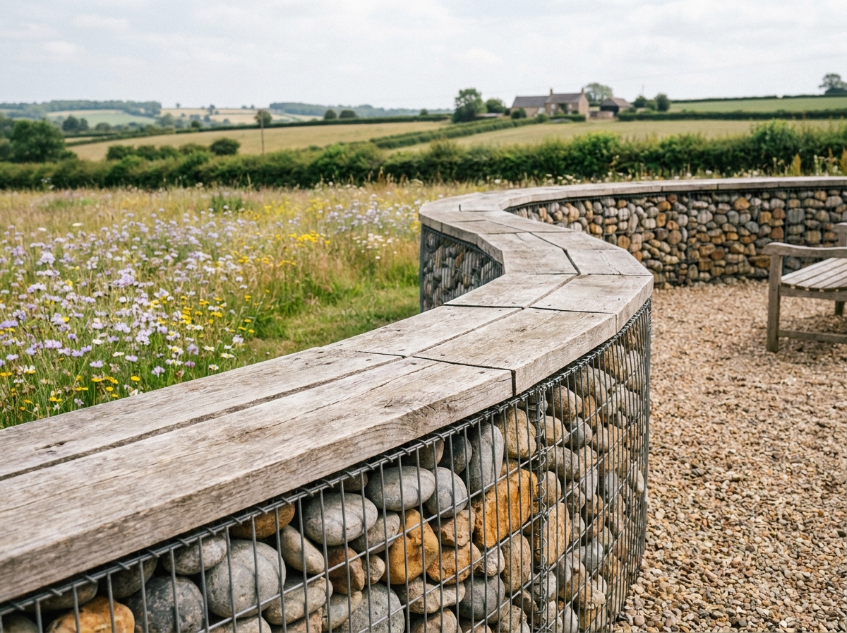 Mur gabion en pierres naturelles servant de clôture décorative entre jardin et prairie fleurie