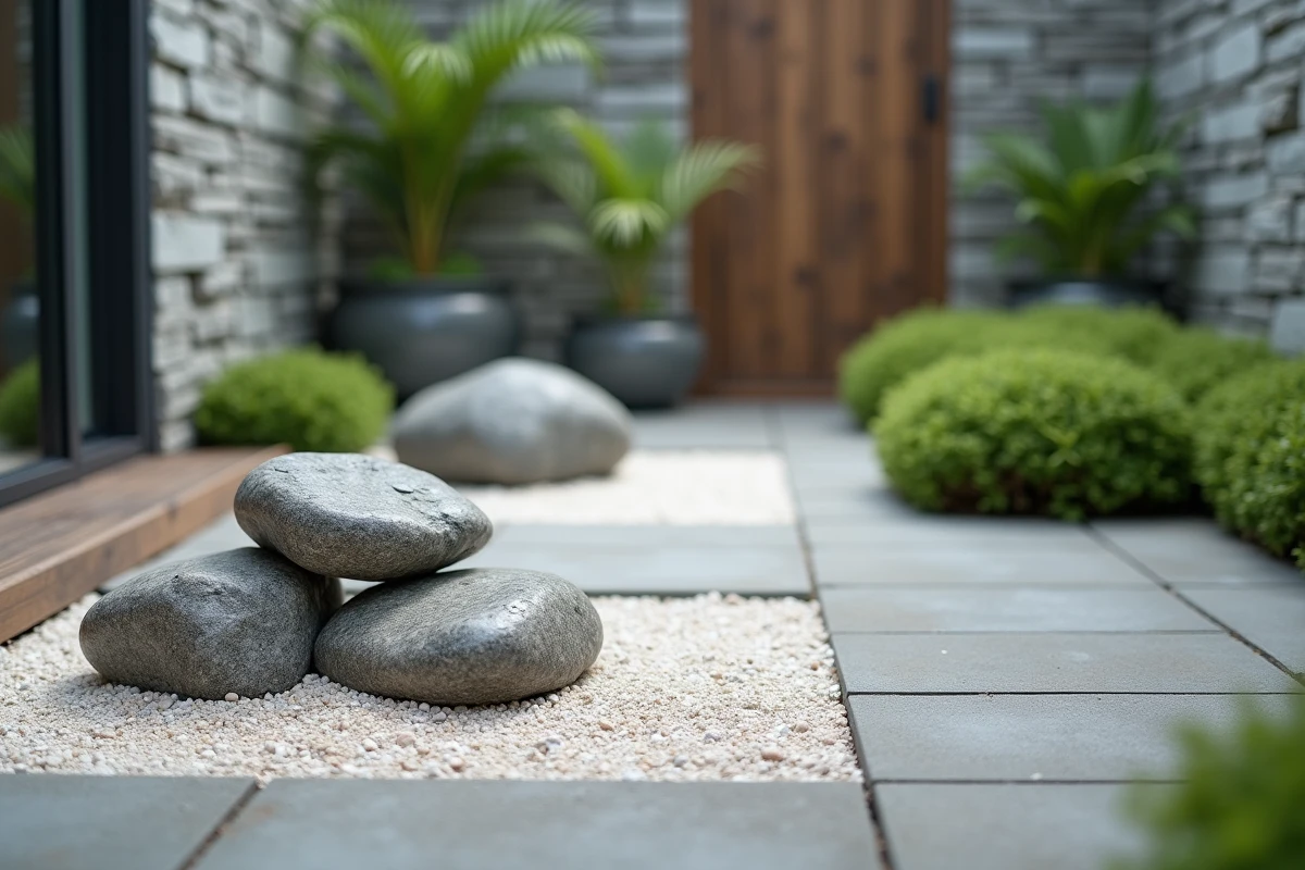 Coin de jardin zen urbain avec gravier blanc, rochers décoratifs et plantes succulentes sans entretien