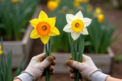 Comparaison côte à côte d'une jonquille et d'un narcisse tenus à la main dans un jardin, montrant la différence de trompette et de couronne entre les deux fleurs