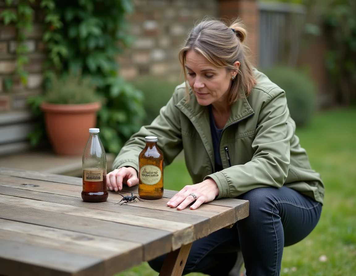 Femme comparant deux modèles de pièges sélectifs pour frelons asiatiques sur une table de jardin en bois