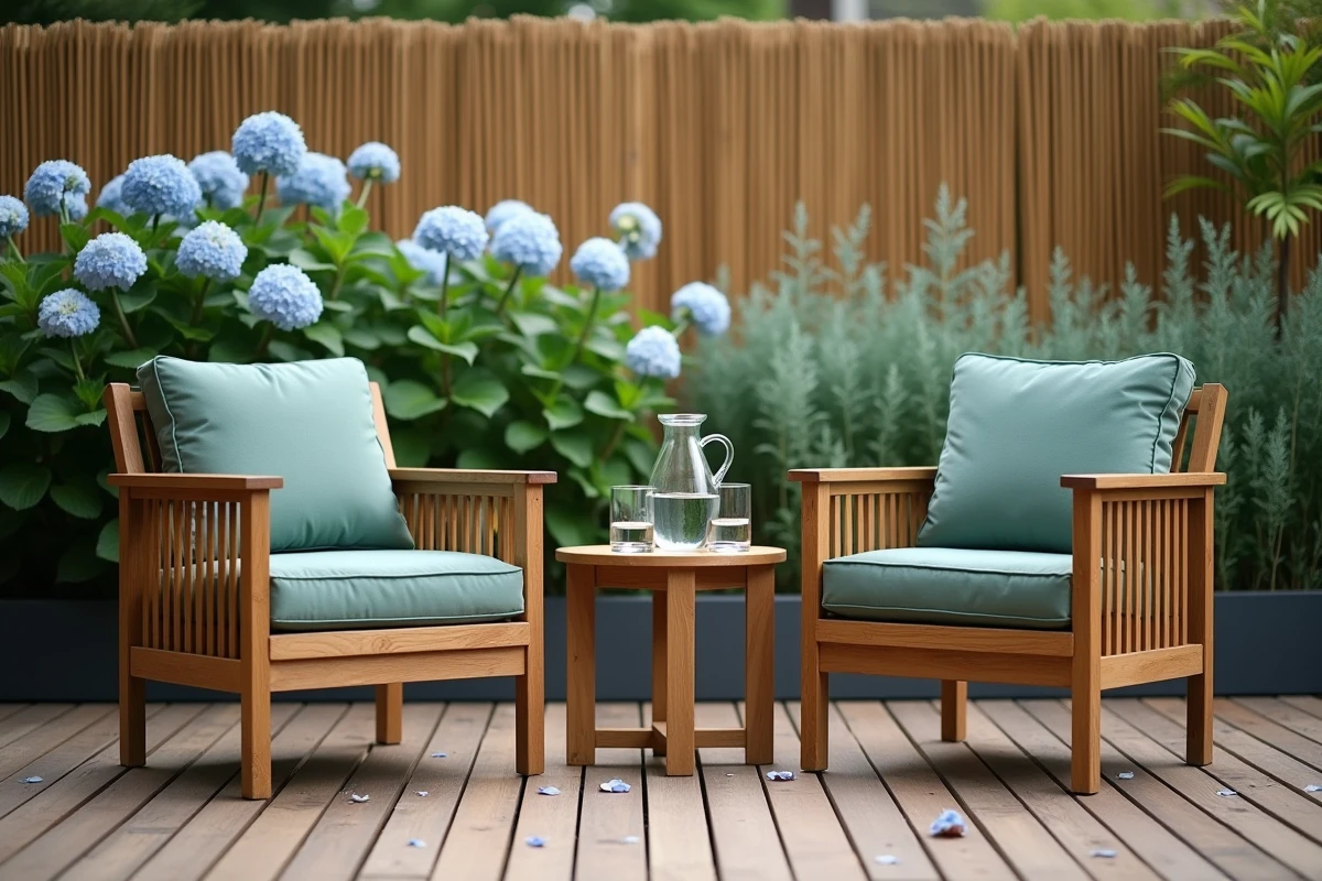 Deux fauteuils de jardin en teck avec coussins vert sauge face à face sur une terrasse en bois entourée de végétation luxuriante