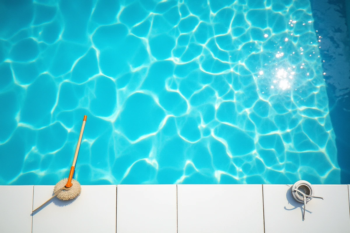 Vue aérienne d'une piscine avec une eau redevenue transparente et bleue après traitement choc au chlore contre les algues vertes